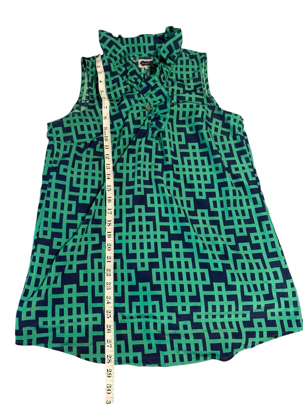 Mud Pie Teal & Navy Geometric Ruffle Sleeveless Blouse - Picture 10 of 11
